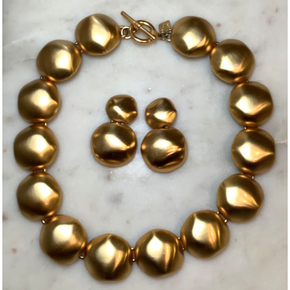 Vintage Anne Klein Necklace Earrings Set Chunky Bib Brushed Gold Collar Signed